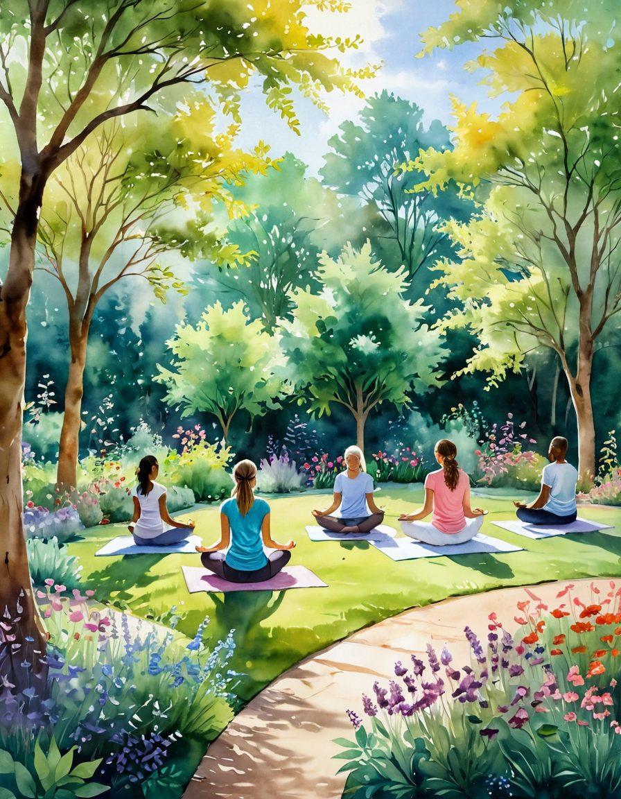 A serene landscape depicting a tranquil healing garden with a diverse group of people engaged in various holistic practices, such as yoga, meditation, and herbal consultations. Surrounding them are vibrant flowers, sunlight filtering through trees, and soft, soothing colors that evoke peace and wellness. Emphasize a sense of community and support among individuals of different ages and backgrounds. Include subtle elements symbolizing hope, like butterflies or a rainbow in the sky. watercolor painting. soft pastel colors. calming atmosphere.