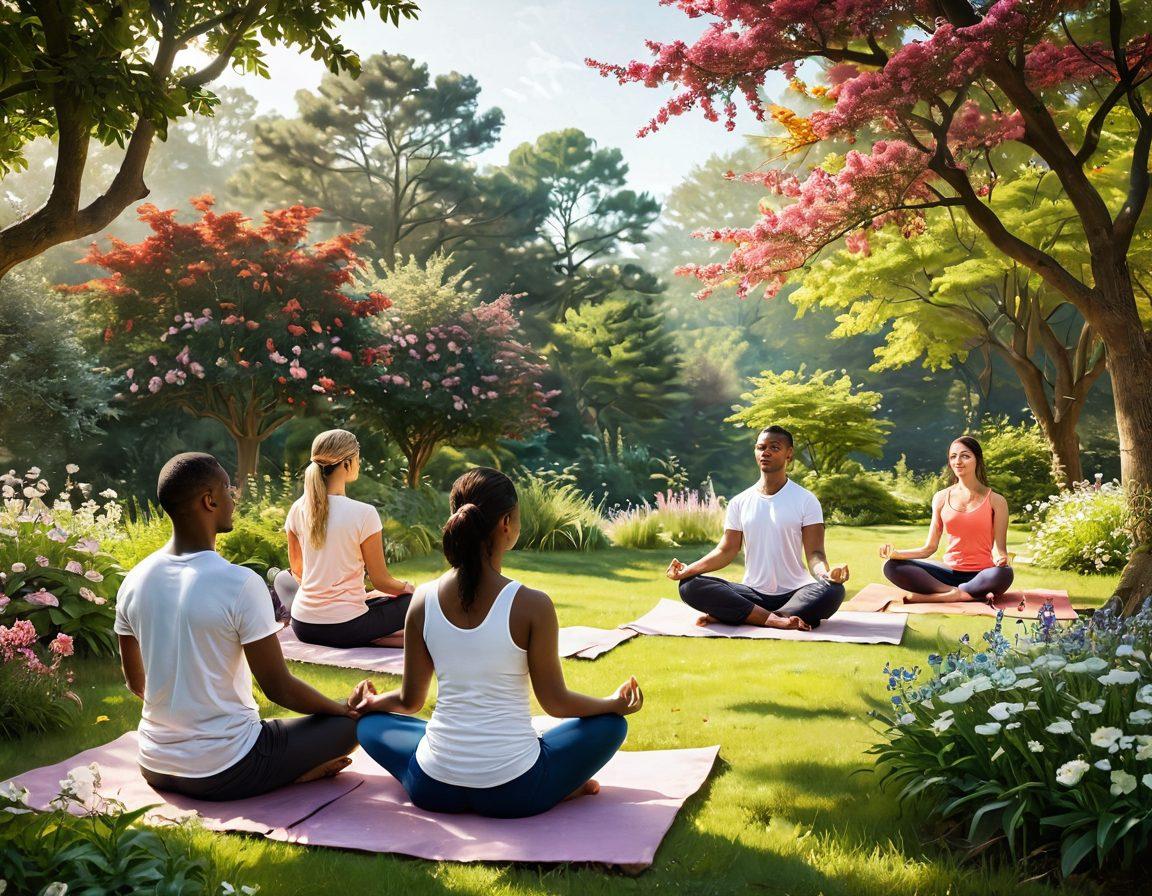 A serene landscape featuring a diverse group of individuals engaged in supportive activities like meditation, exercise, and sharing stories, symbolizing hope and resilience. Include soft, warm colors to evoke a sense of peace and empowerment. Add elements like blooming flowers and gentle sunlight to enhance the feeling of well-being. super-realistic. vibrant colors. peaceful ambiance.