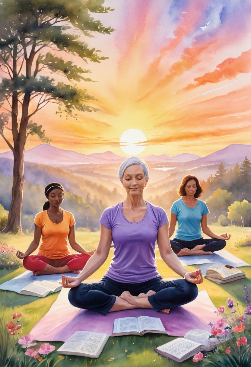 A serene landscape featuring a diverse group of cancer survivors engaging in empowering activities like yoga and meditation. In the background, a sunrise symbolizes hope, with vibrant colors and uplifting imagery of nature. Include books and resources scattered around, suggesting knowledge and support. Capture the essence of bravery and resilience in their expressions. watercolor painting. soft pastel colors.